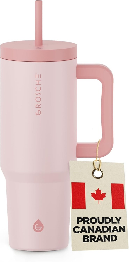 GROSCHE ASPEN 40 oz tumbler with handle and straw. Extreme insulation, classy design, built to last insulated stainless steel tumbler with handle, lid and straw - ROSE PINK