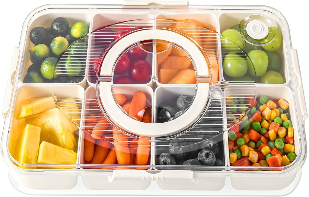 LUXEAR Divided Serving Tray with Lid and Handle Snack Box Charcuterie Container Dishwasher Safe 8 Compartment Snack Platters Portable Clear Organizer for Fruits, Candy, Snacks, Picnic, Travel