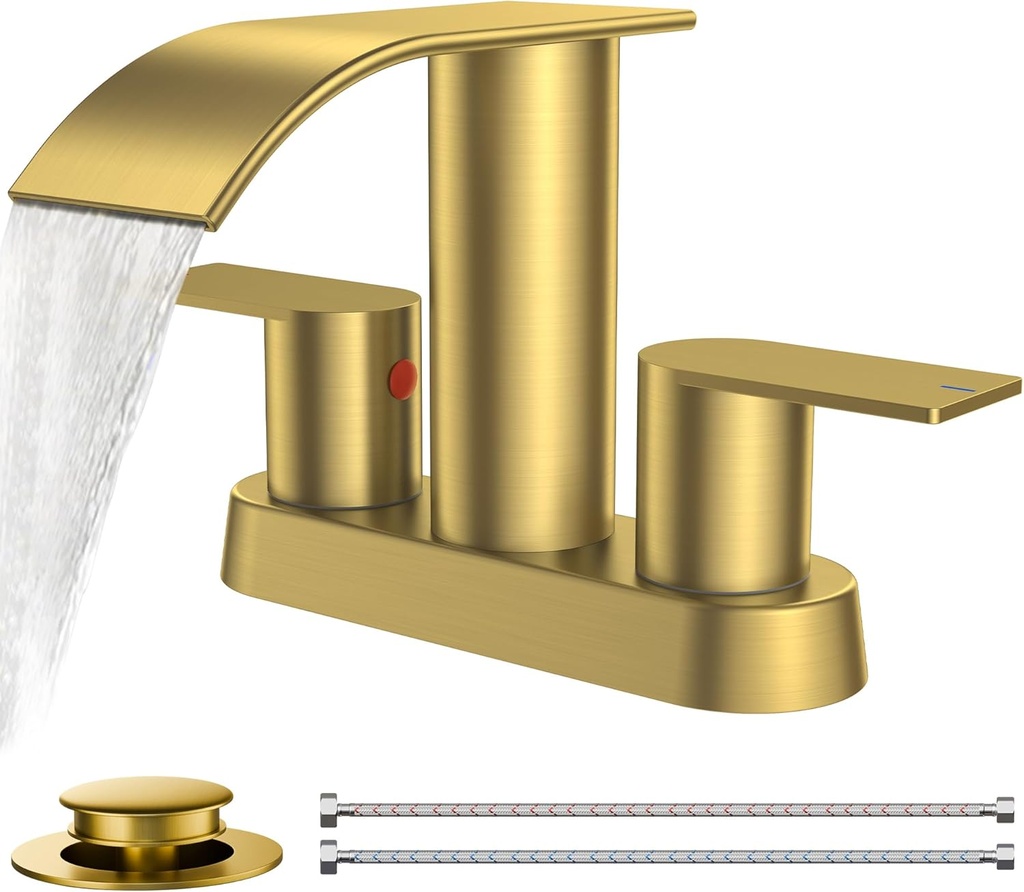 FORIOUS Brushed Gold Bathroom Sink Faucet, Waterfall 4 Inch Centerset Bathroom Faucets with Metal Pop up Drain and cUPC Hose for Basin, Vanity, RV, Lavatory 2 or 3 Hole Sink
