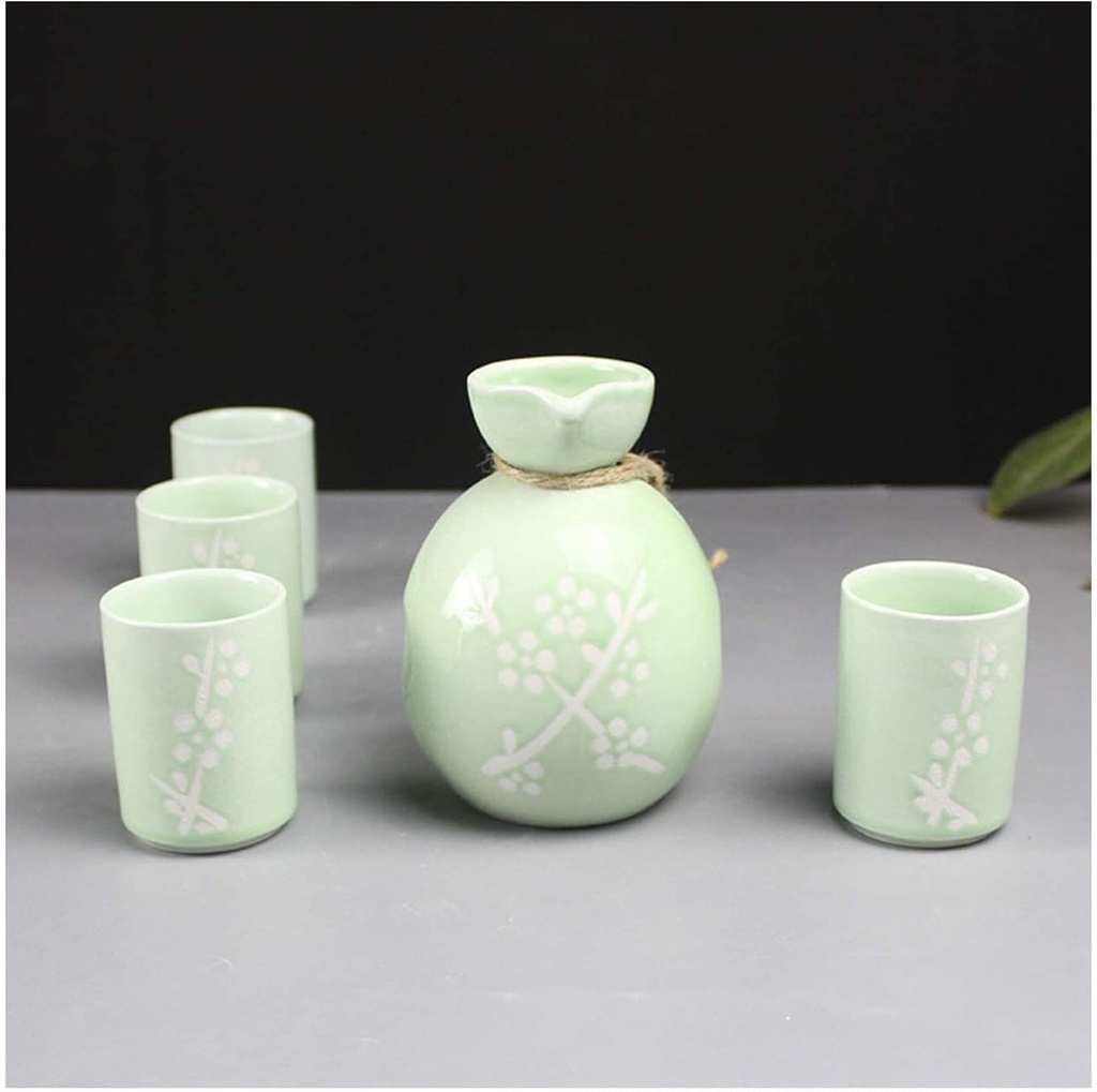 Porcelain Sake Set, Japanese Style, 5PCS Japanese Style Sake Set Sushi Ceramic Cups Temperature Wine Glasses, includes 1 Sake Bottle, 4 Wine Glasses,D