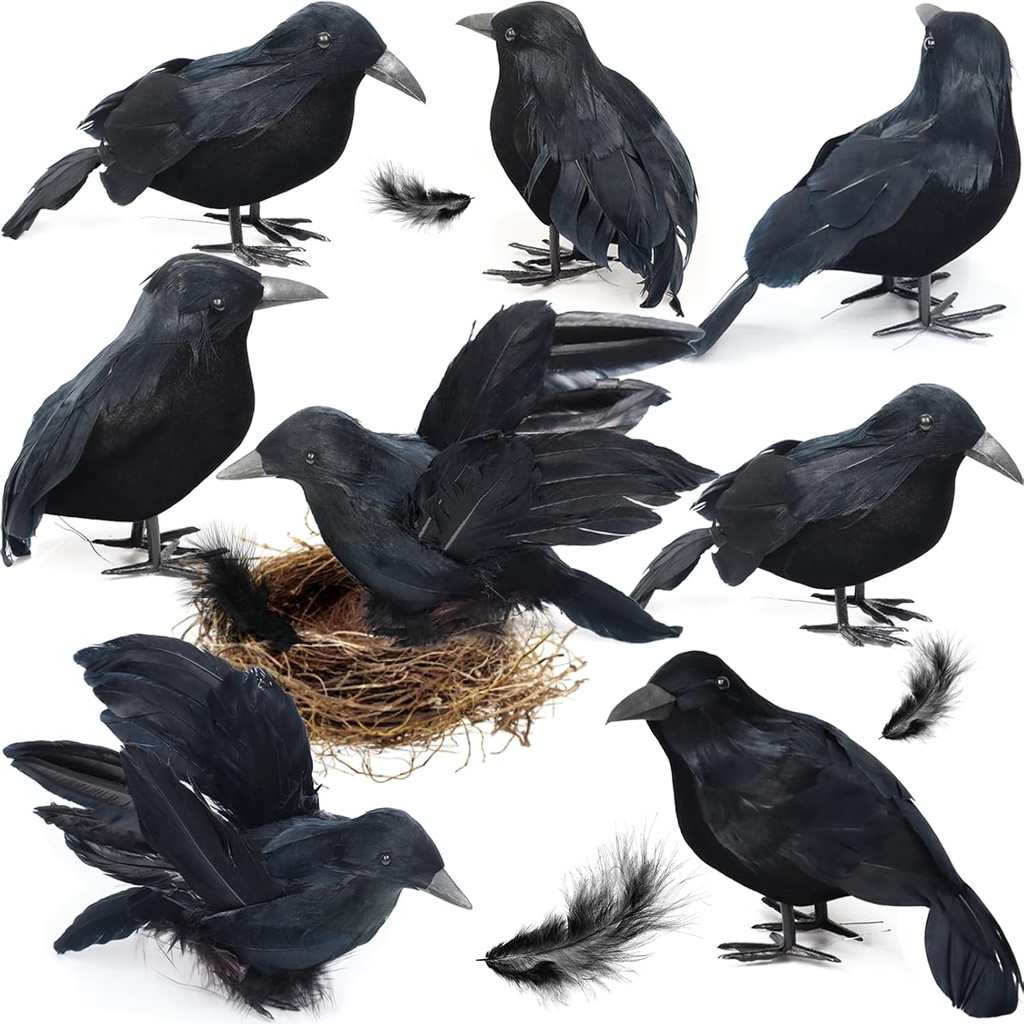 8 Packs Halloween Black Crows Feathered Crows - Realistic Looking Halloween Decorations Fake Crows for Indoor Outdoors Black Birds Raven Decor for Yard Tree Garden Patio, 4 Styles