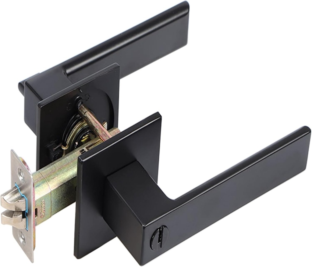 WANLIAN Square Entry Lever Door Handle Lock Set,Reversible for Right & Left Handed Doors, Heavy Duty Zinc Alloy, Black Finish, Modern Design for Exterior & Interior Doors
