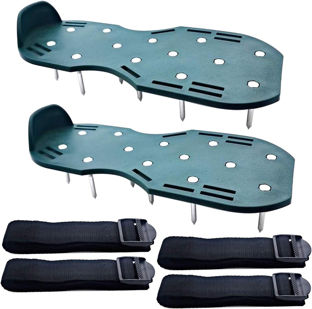 Markeny Lawn Aerator Shoes Spikes Ideal Easy Assembled Heavy Duty 4 Adjustable Straps Yard Lawn Soil Spike Sandals, Green (1 Pair)
