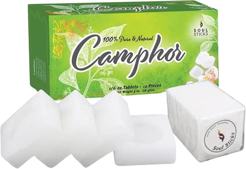 SOUL STICKS Natural Camphor Blocks, Pure Camphor Tablets for Aromatherapy & Puja - Alcanfor en Bloques, Alcanfor en Bolitas, Kapoor for Pooja (56 Grams (12 Tablets))