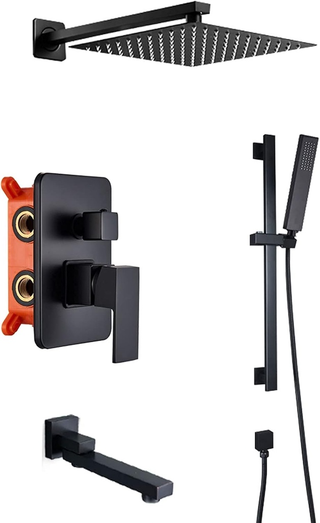 Shower System Matte Black, Wall Mounted Shower Faucet Set with Slide Bar, 10" Rain Shower Head with Handheld Shower and Tub Spout Set