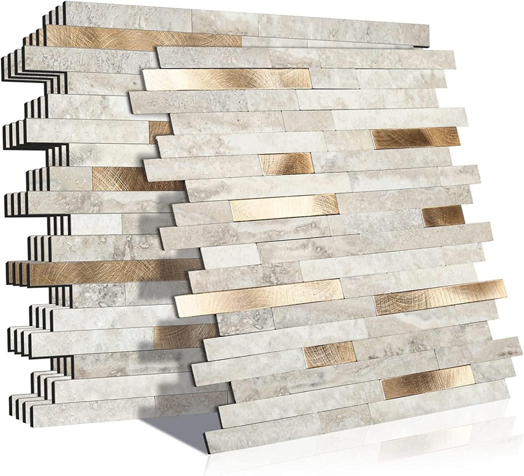 KASARO Peel and Stick Marble Tiles, Self-Adhesive Aluminum Wall Tile Stick on Bathroom, Fireplace, RV, Marble Beige with Vintage Golden Embellished Stripes, 10-Sheet