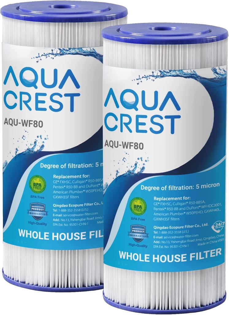 AQUA CREST FXHSC Whole House Water Filter, Replacement for GE® FXHSC, GXWH40L, GXWH35F, American Plumber W50PEHD, W10-PR, Culligan® R50-BBSA, 5 Micron 10" x 4.5", High Flow Sediment Filters, Pack of 2