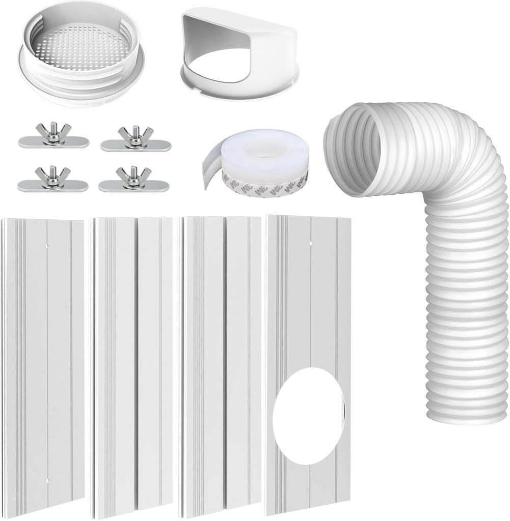 Portable Air Conditioner Window Kit with 5.9" Anti-clockwise Exhaust Hose, Mobile A/C Unit Window Vent Seal Kit with 4 Adjustable Seamless Seal Plates for Vertical/Horizontal Sliding Window