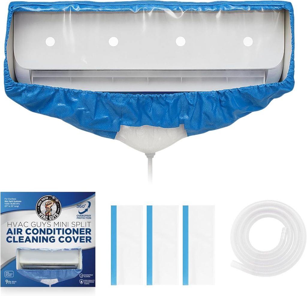 Mini Split Cleaning Bag | 360 Waterproof Design | Fits Systems 27in - 39in Long | Mini Split Cleaning Kit Includes Overspray Guards and Drain Hose