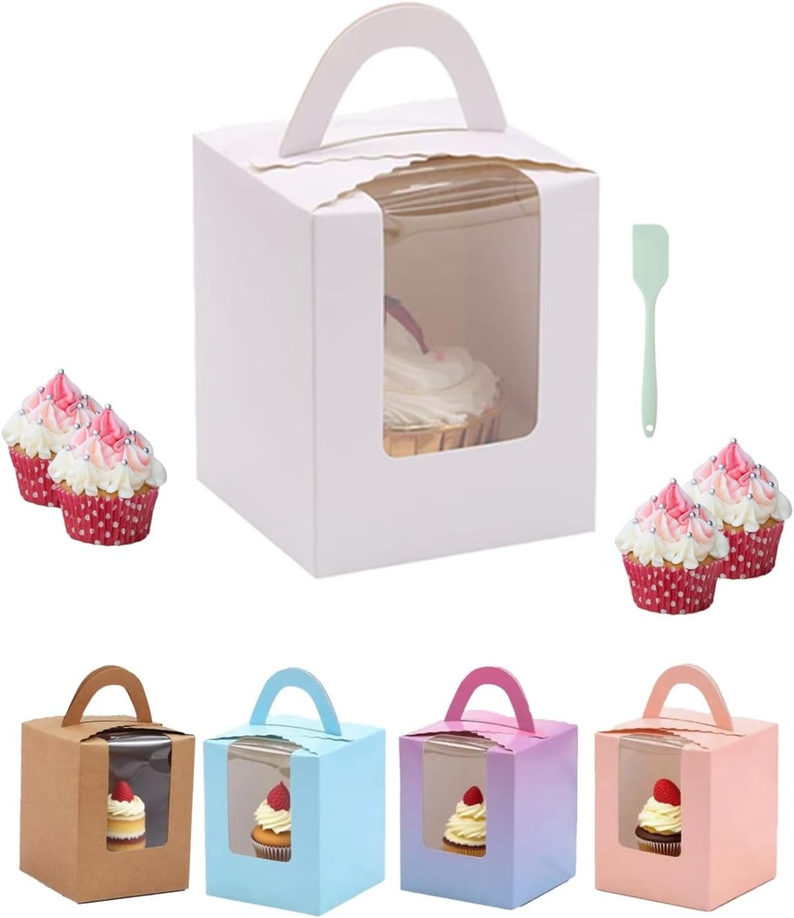 Cupcake Boxes, 50 Pack Kraft Cupcake Boxes, Portable Baking Boxes with Insert Windows and Handles, for Mini Cakes, Muffins, Baby Parties, Birthdays, Weddings