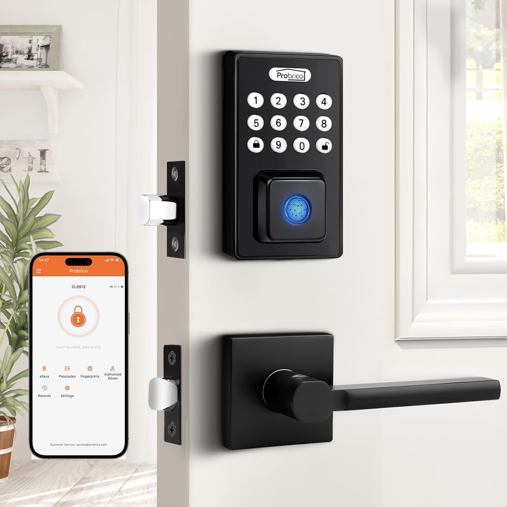 Probrico Smart Door Lock for Front Door Keypad Lock with Handle Lever, Fingerprint Deadbolt Door Lock with Code, Keyless Deadbolt Lock with Handle, Black Smart Deadbolt Lock, APP, Passcode, Auto Lock