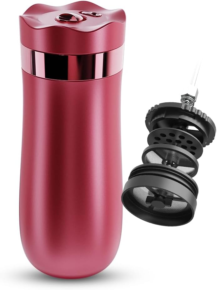 BENFUCHEN Travel Coffee Press, Vacuum Insulated Portable French Press, Stainless Steel Portable Coffee Maker/Tea Press, 12oz, Rose Red