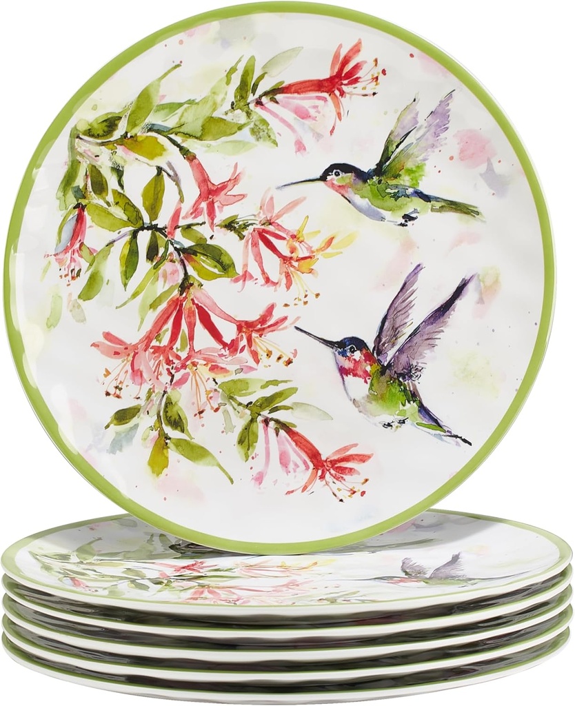 Hummingbirds 11" Melamine Dinner Plates, Set of 6 – Watercolor Bird and Floral Design – Durable, Lightweight, Break-Resistant, Dishwasher Safe, Great for Outdoor Dining and Entertaining