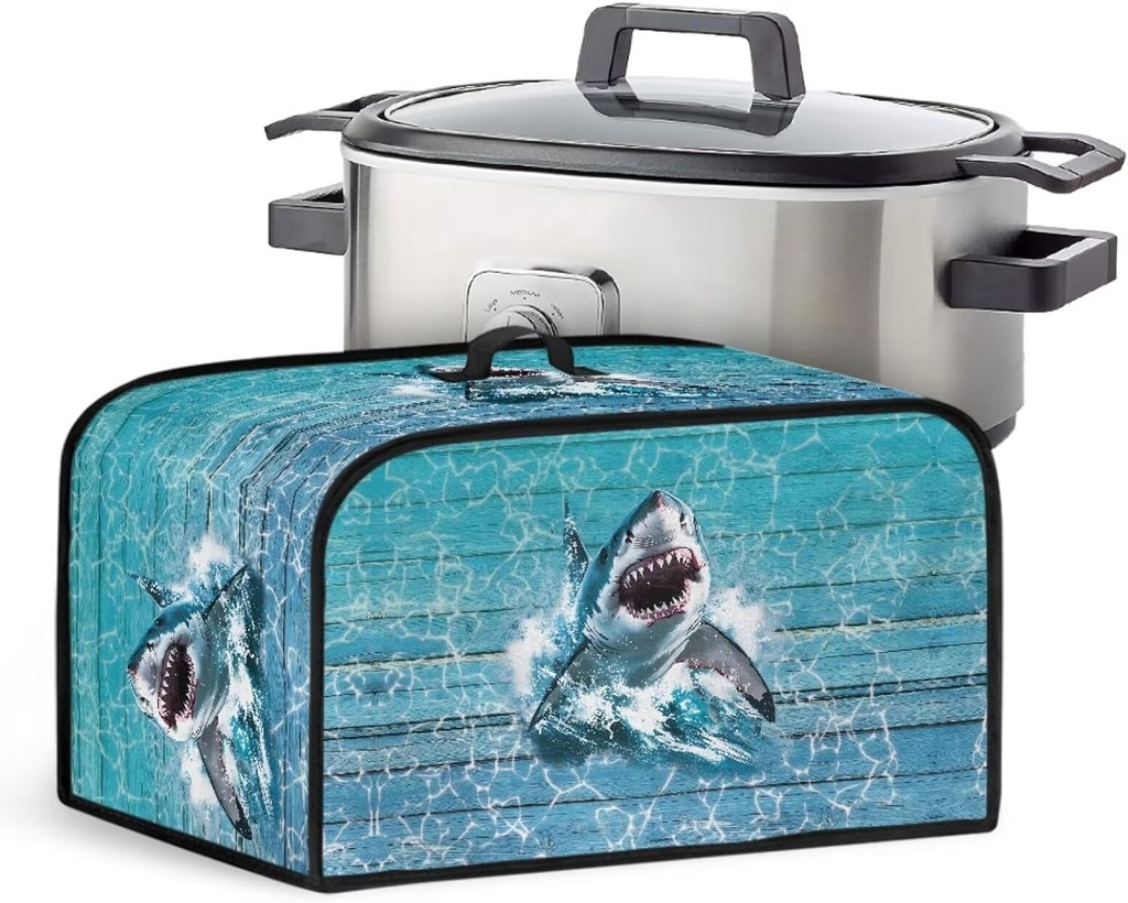 Talayituse Shark Wood Print Slow Cooker Cover for Crock Pot and Hamilton Beach 6-8 Quart Slow Cooker, Durable Oval Crockpot Dust Cover Kitchen Appliance Covers with Handle and Pocket