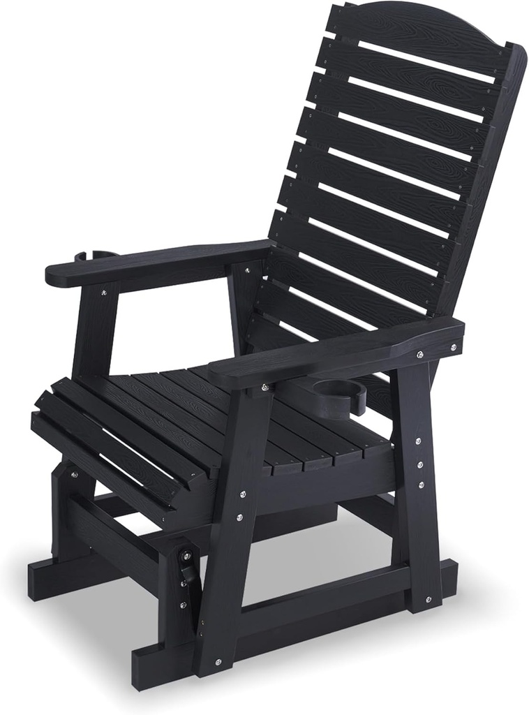 Poly Lumber Patio Glider for One Person, with Cup Holders, High Backrest and Deep Contoured Seat, HIPS Material, All-Weather Resistant, Heavy Duty 700 Pounds (Black)