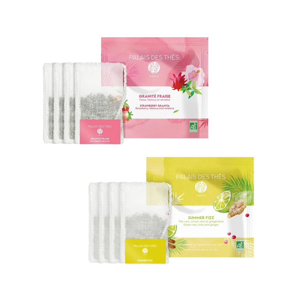 Palais des Thés - Premium Iced Tea Bundle - Strawberry Granita & Summer Fizz Flavors - Organic Herbal Strawberry Hibiscus Blend & Green Tea with Peach and Sparkling Notes - 8 XL Pouches, Serves 4 Cara