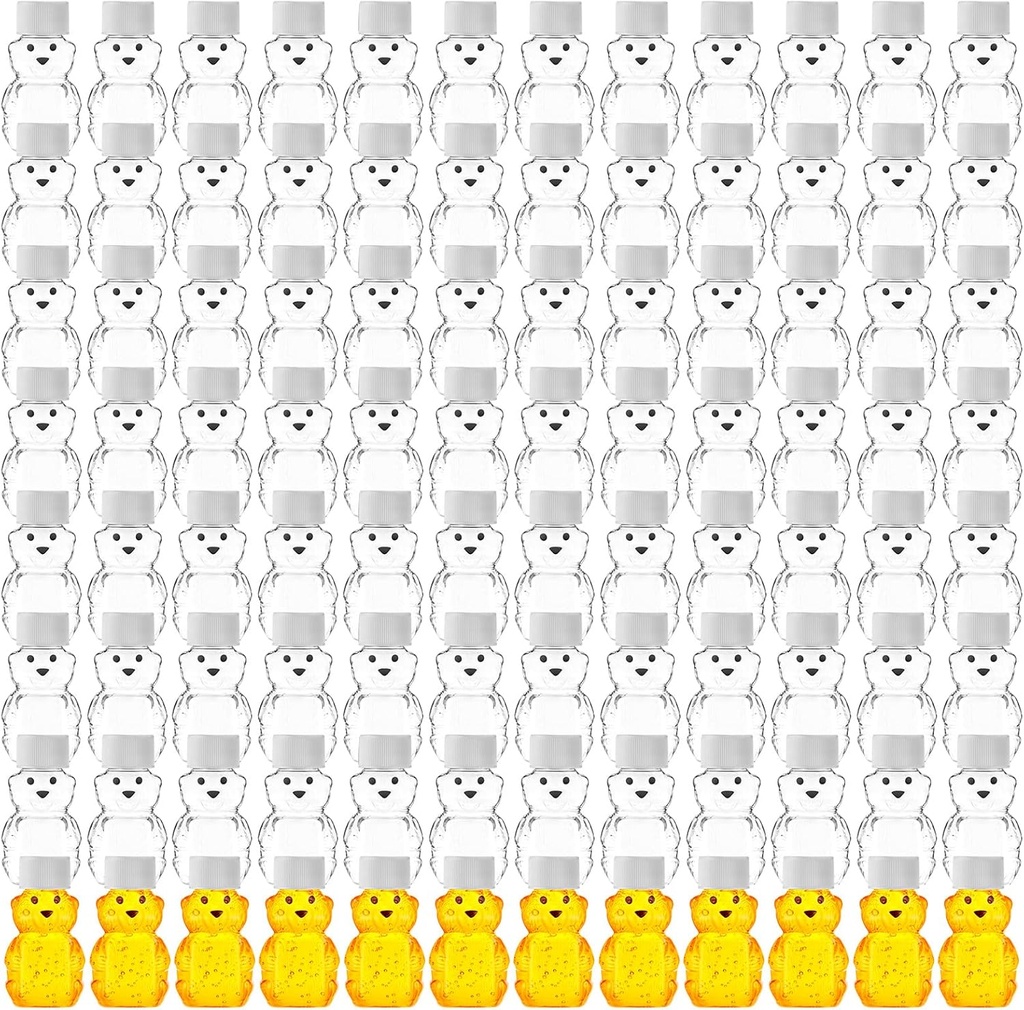 Patelai 96 Pcs 2 oz Plastic Honey Bear Bottle Bear Shape Clear Honey Containers Empty Honey Dispenser with Lid Honey Jars Honey Bear Cup for Storing and Dispensing Holiday Baby Shower Gifts (White)
