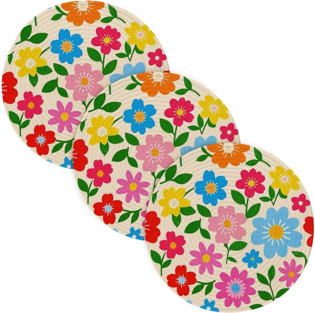 3 Pcs Trivet Mats for Hot Dishes 15in Cotton Thread Weave Heat Resistant Hot Pad for Crock Pot Plate Holder Colorful Lively Fresh Summer Flowers