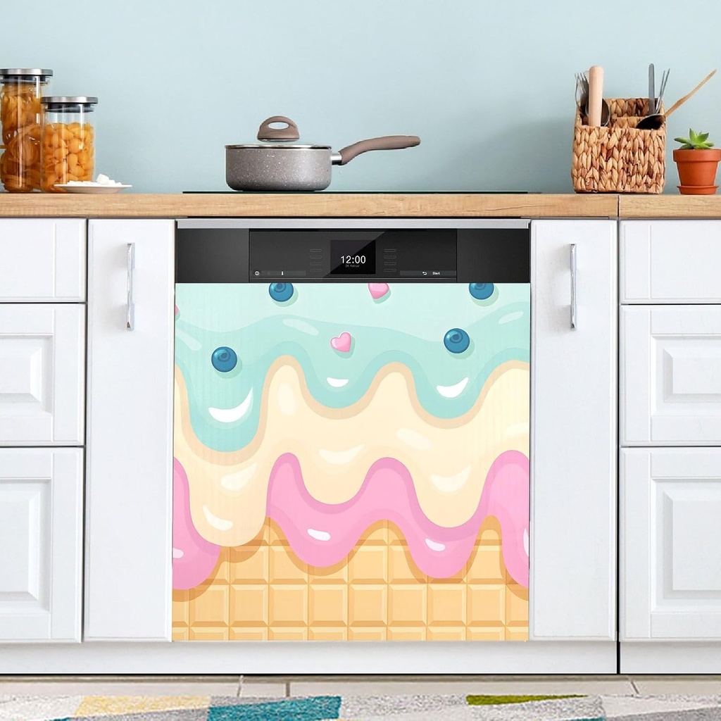 Dishwasher Magnet Cover Panel,Pink Teal Ice Cream Magnetic Dishwasher Covers Refrigerator Sticker Decal Decorative Washing Machine Cover for Home Kitchen,23x26in