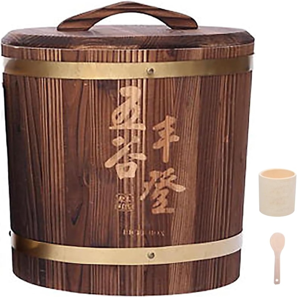 Fir Wood Grain Dispenser with Lid, Brown Sealed Rice Jar Bulk Food Storage, Kitchen and Pantry Organization for Rice, Soybeans, Corn, Sugar, Coffee(21x26 cm/8x10 in)