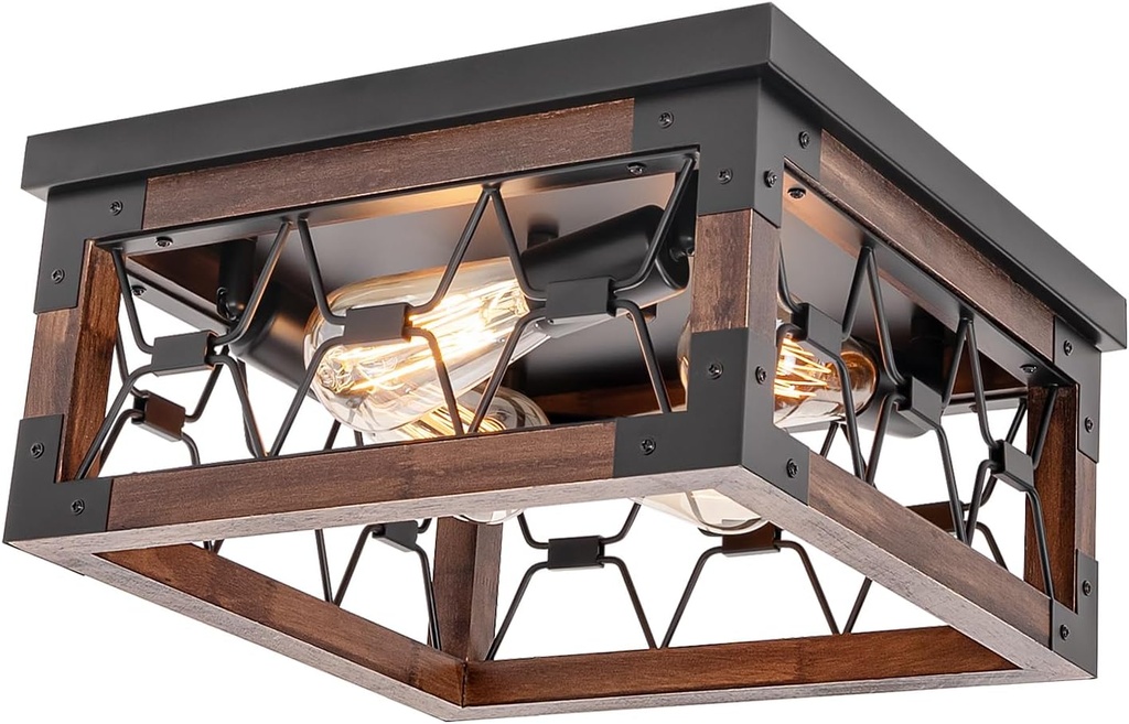 Farmhouse Flush Mount Ceiling Light 14 Inch, Close to Ceiling Light Fixtures with Wood and Metal, Farmhouse Light Fixtures for Kitchen Bedroom Dining Room, 4-Light