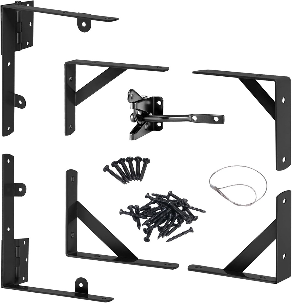 Gate Hardware Kit for Wood Fence, Corner Brace Bracket, Anti Sag Frame Hardware With Latch and Hinges for Wooden Fence Driveway, Black, MKZJ1115