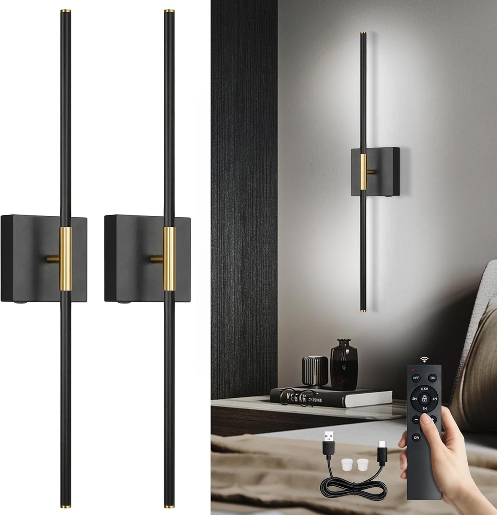 Battery Operated Wall Sconces Set of 2, Battery Wall Sconce with Remote Control,350°Rotate, LED Rechargeable Sconces,3000K-6000K Wireless Wall Light for Bedroom, Living Room, Hallway (Black,28Inch)
