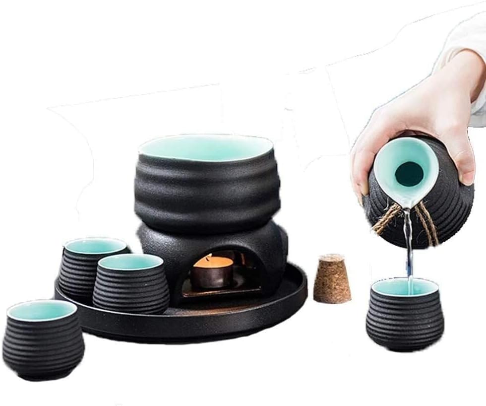 Sake Wine Set, Wine Glass,8 Pieces Sake Set,Black Glaze Wine Glasses with Warmer and Candle Stove, Traditional Crafts Cups, for Cold,Warm,Hot Sake/Shochu/Tea Sake Set for Gift,Wine Bowls