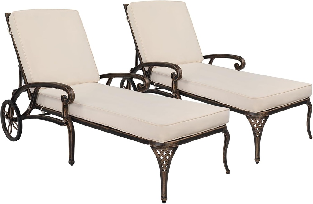 VINGLI Cast Aluminum Outdoor Chaise Lounge Chairs with Wheels, Patio Chaise Lounge with 3-Position Adjustable Backrest, Patio Lounge Chairs Set of 2 for Pool, Patio (2 PCS, Bronze, with White Cushion)