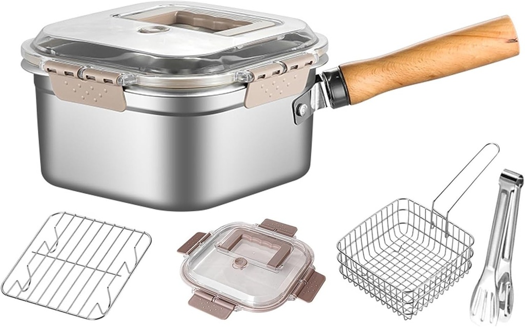 Multi-Function Frying Cooker Set - Fryer, Cooker, Fresh Keeping & Vegetables Washing, Portable Stainless Steel Deep Fryer Pot with Basket, Tongs, Oil Drip Rack, Multifunctional Frying Pan Set