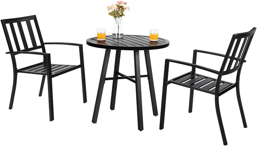 PHI VILLA 3 Piece Outdoor Patio Bistro Dining Set, Slatted Metal Round Table & 2 Patio Chairs, Outdoor Furniture Set for Porch, Deck