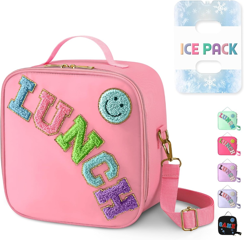 Reusable Insulated Lunch Bag for Kids Teens & Adults with Adjustable Shoulder Strap - Large Durable Lunch Bag Tote for School Travel Picnic Work - Leakproof Smiley Design Lunch Carrier (Pink-Smiley)