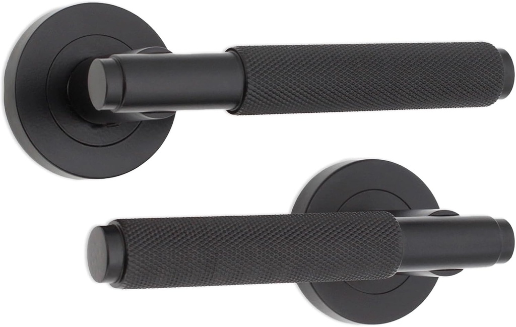 Infinity Decor Pair of Knurled Lever Door Handles on Rose Set Matt Black Interior Pull Handles Ideal for Internal and External Doors