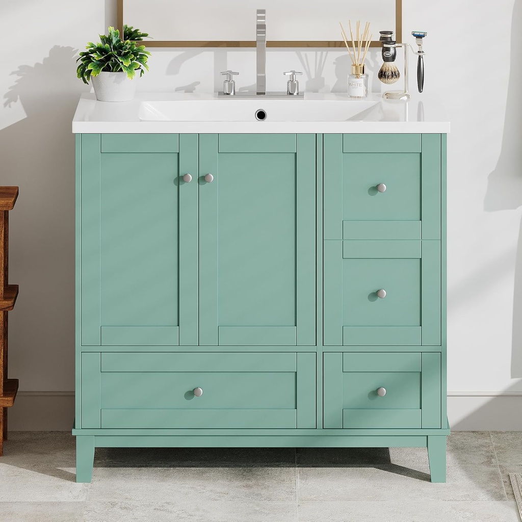 36 Inch Modern Bathroom Vanity with USB Charging, Two Doors and Three Drawers Bathroom Storage Vanity Cabinet with Single Sink, Faucets Not Included,Green