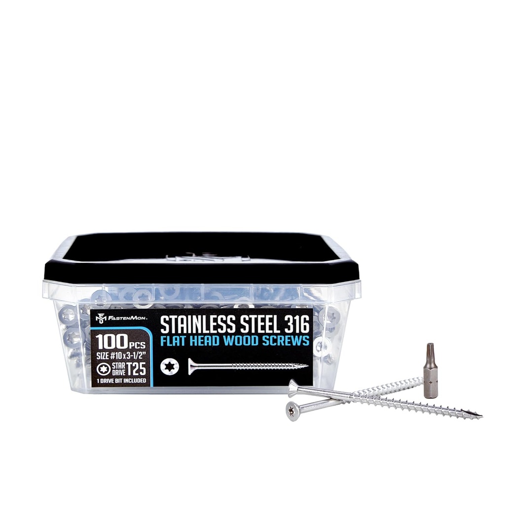 #10x3-1/2 Marine Grade 316 Stainless Steel Wood Screws, 100 PCS, Torx Flat Head T25, Type 17 Point, Ideal for Decks, Fences, Coastal Construction, Bulk Box