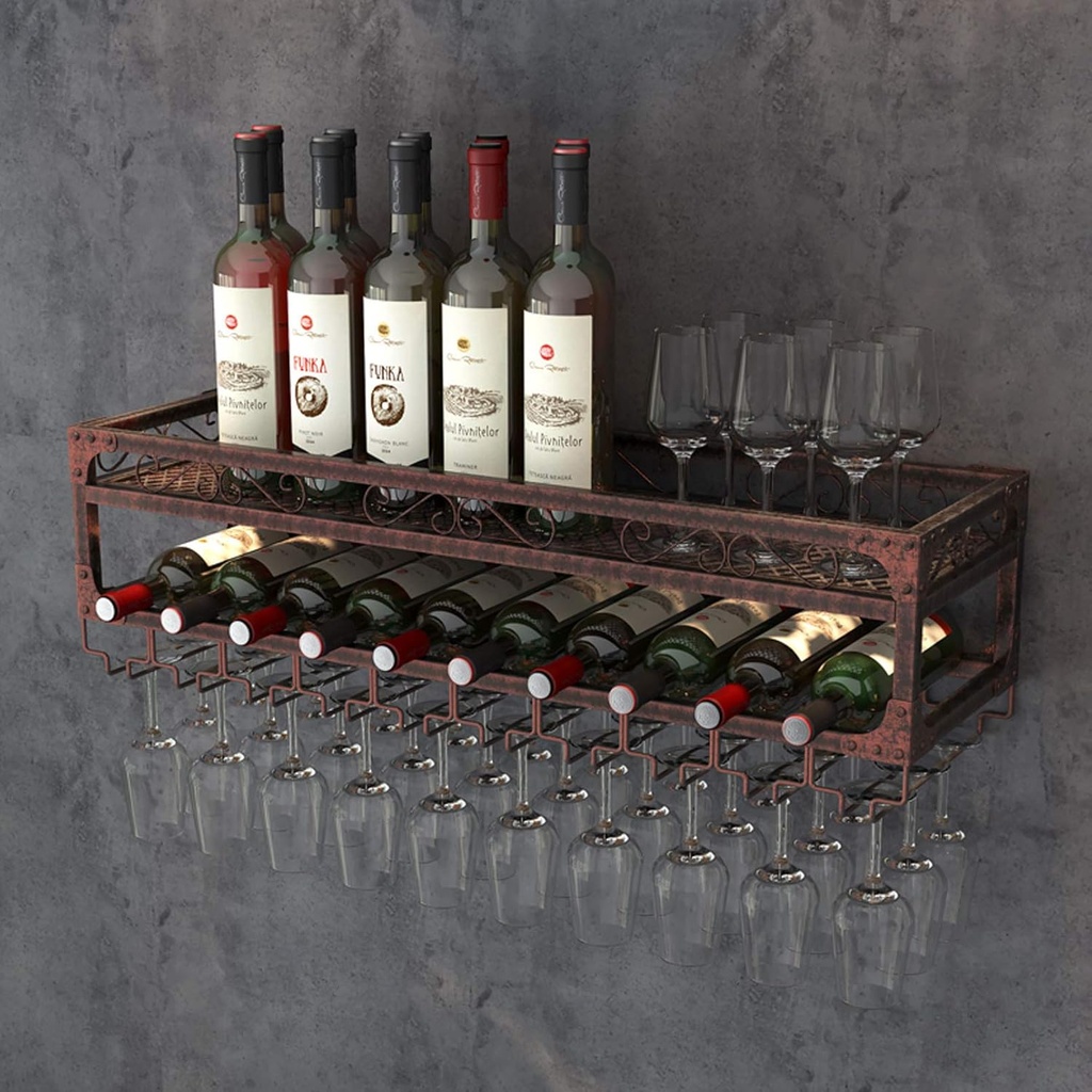 Organize Kitchen Industrial Wine Rack with Glass Holder, Wall-Mounted Metal Wine Bottle Storage Holder, Vintage Wine Shelf, for Bar/Kitchen/Cabinet/Commercial Cellars Clubs (Bronze 100 cm (