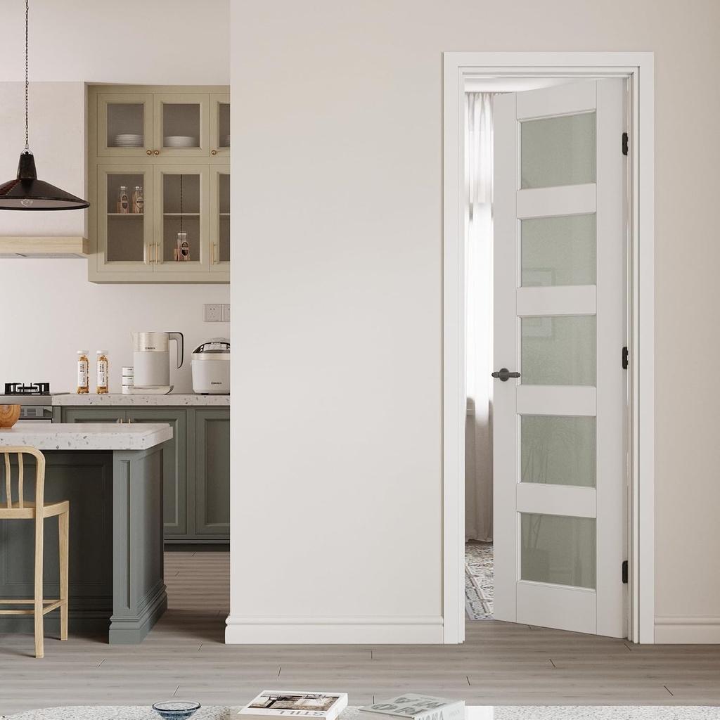 24" x 80" Prehung Door 5-Lite Tempered Frosted Glass Slab Doors with Jamb Kit, Solid Core MDF Interior Door for Bathroom Pantry Laundry, Easy Assemble - Right Handed