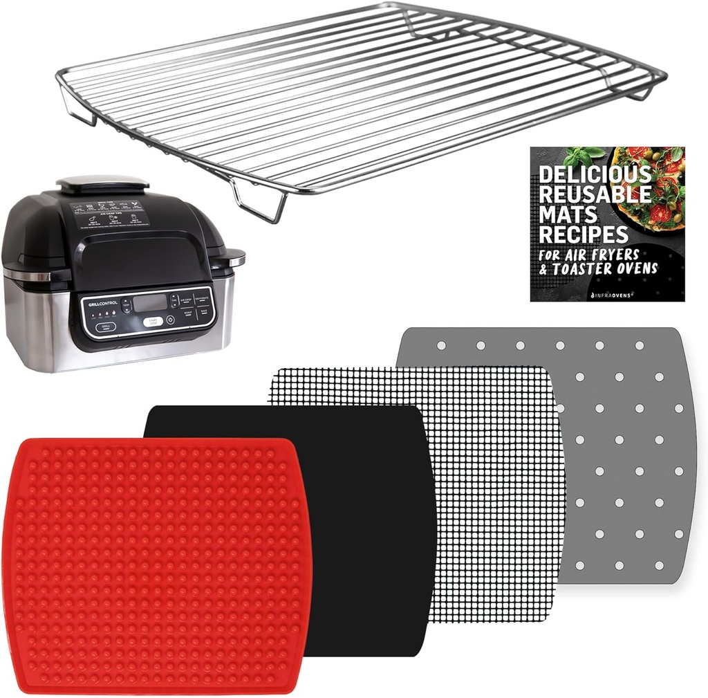 Air Fryer Rack and Reusable Liners For Ninja Foodi Grill 5-in-1 AG301 4qt, Airfryer Accessories, Replacement for Parchment Paper, Heat Resistant Mats and Stainless Steel Cooking Rack by INFRAOVENS