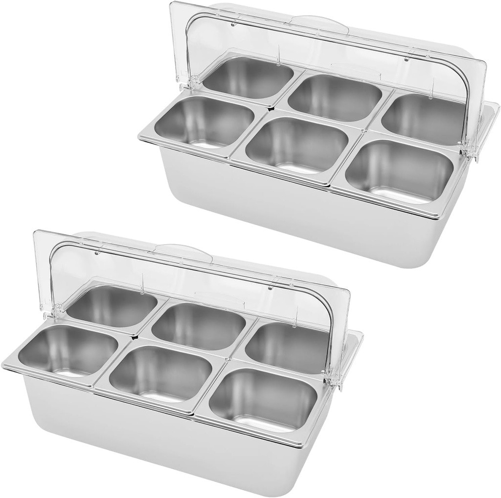 2 PCS Ice Food Serving Display Tray, Stainless Steel Buffet Condiment Dispenser Display Rack with Clear Roll Top Cover Cooling Food Dishes Display Plate Case with Lid for Buffets, Restaurants, Hotels.
