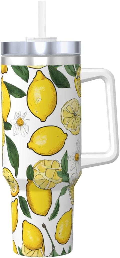 Yellow Lemons Print 40oz Ice Bully With Handle And Straw Stainless Steel Vacuum Insulated Cup And 2 In 1 Straw Lid