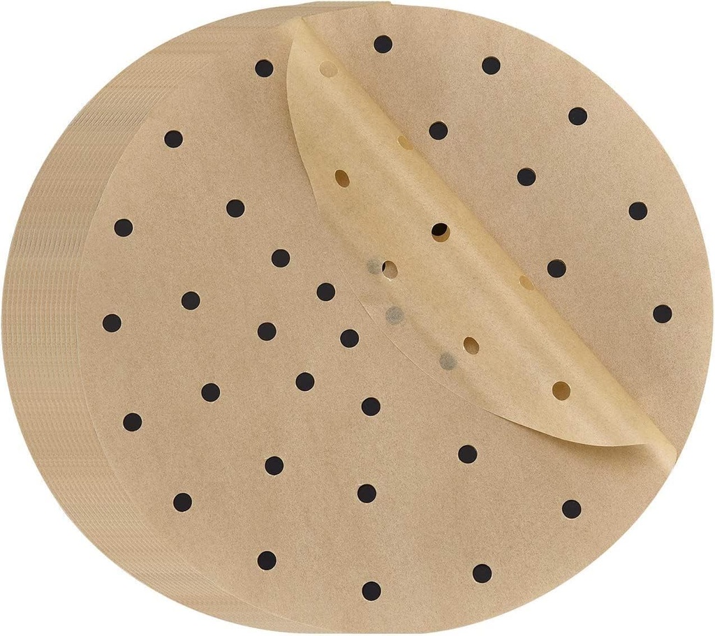 100Pcs Air Fryer Parchment Paper for Baking Bamboo Steamer Liners 9 Inch Unbleached Circular Perforated Parchment Paper Non-stick Steamer Mat for Baking/Steaming/Cooking with Silicone Paper