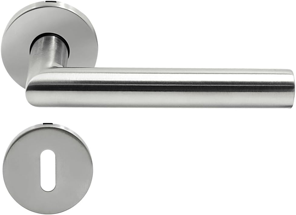 Stainless Steel Construction Hardware Silver Tone L Type Door Handle Set w BB Key Hole TH-13 Model:44as279qo105