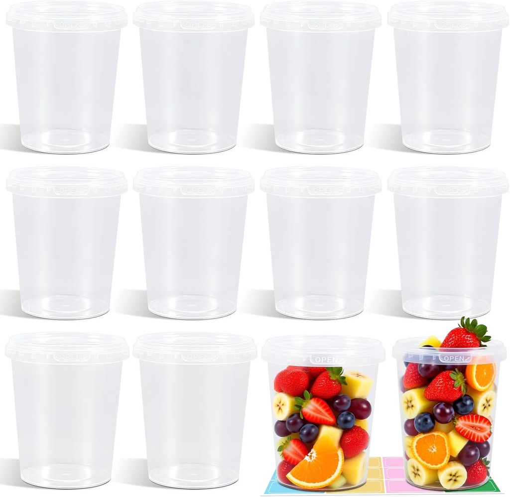 12 Pack 32 oz Clear Plastic Bucket with Lid, Food Storage Containers, Freezer Plastic Cups, Leakproof, BPA Free, Microwave & Dishwasher Safe Takeout Container - Ideal for Soup and More
