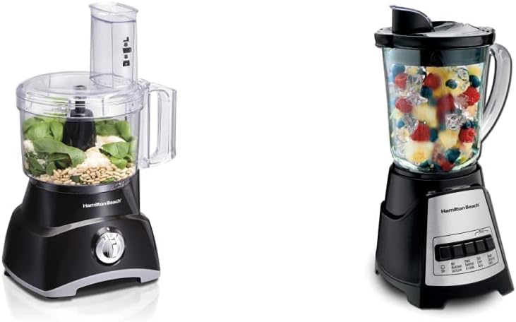 Hamilton Beach Food Processor & Vegetable Chopper, 8 Cup, Black & 58148A Blender to Puree - Crush Ice - and Make Shakes and Smoothies - 40 Oz Glass Jar - 12 Functions - Black and Stainless