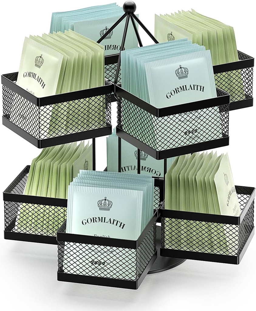 VOGWOLTH Tea Bag Organizer, Tea Bag Storage Holder Spinning Carousel 96 Teabags Container, Lazy Susan Coffee Creamer Sweetener Tea Caddy for Kitchen Counter Cabinet Pantry Shelf Organizer