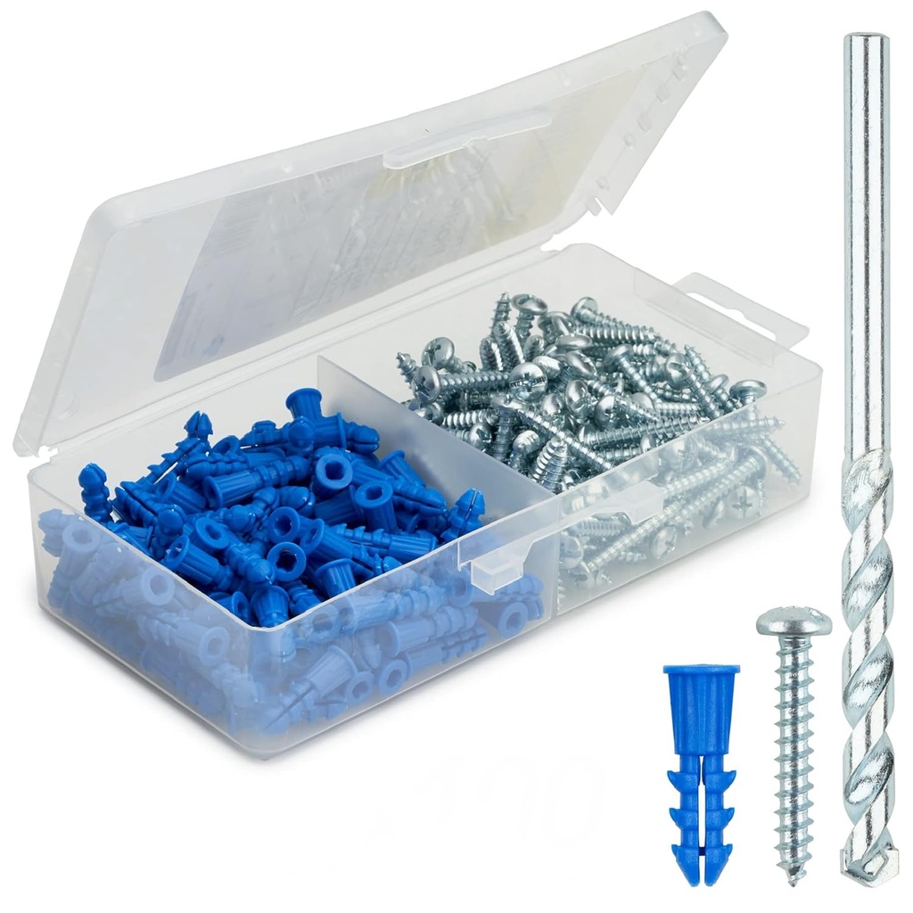 Qualihome Ribbed Plastic Drywall Anchor Kit - Wall Anchors and Screws for Drywall Includes Anchors, & Screws, 1 Masonry Drill Bit - Mounting Tolls for Decor, Furniture, Shelving (10-12 x 1)