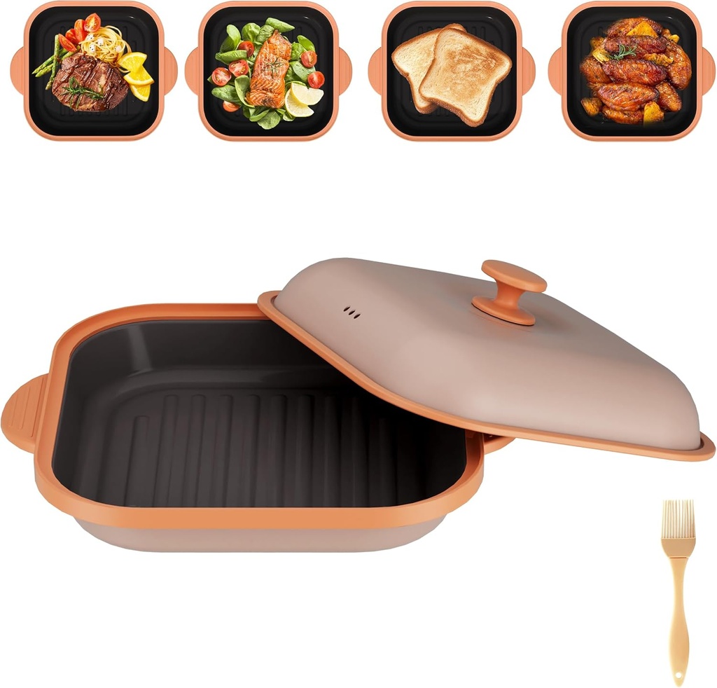 Microwave Grill Pan with Cover | Microwave Bacon Cooker | Griller & Crisper Pan for Grilling, Frying, Browning and Crisping | Microwave Cookware for Grill Meat | Dishwasher Safe for Dorms,Office,RV