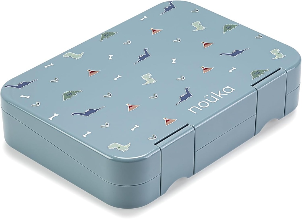 nouka Design Bento Lunch Box | Easy to Open Latches | Spill Proof Design | 6-Compartment Removable Tray | Dino Ville
