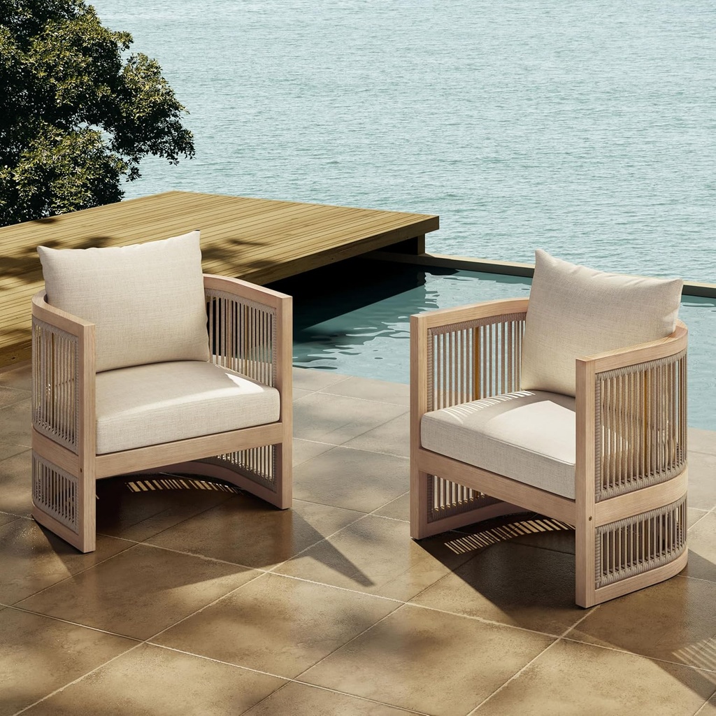 Christopher Knight Home Faine Acacia Wood Outdoor Club Chair Set of 2, Patio Accent Chair with Removable Cushion, Wooden Single Lounge Sofa Set, Light Teak+Beige