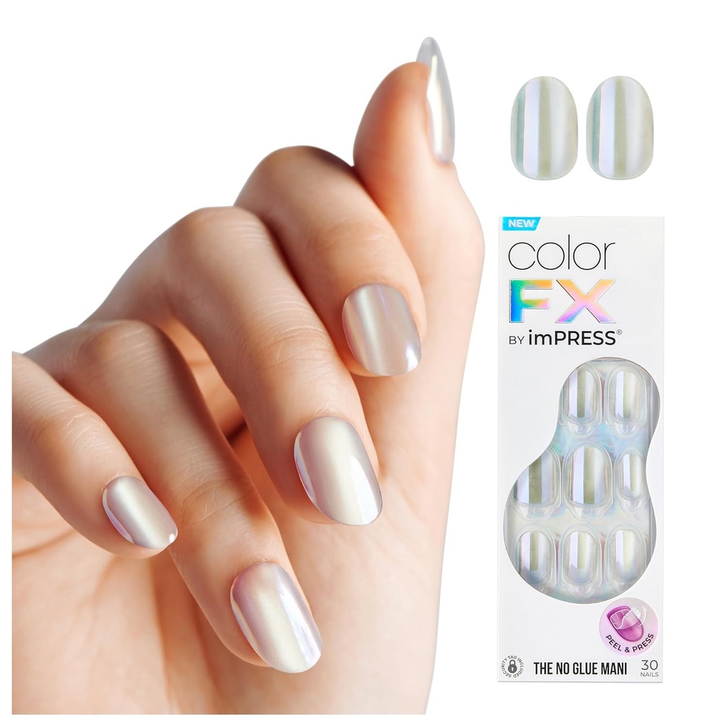 KISS colorFX by imPRESS Press On Nails , ‘Sour Love’, Solid White with Pearlescent Finish, Short Oval, IMPROVED adhesive, Includes 30 Fake Nails, Prep Pad, 1 Manicure Stick, 1 Mini Nail File